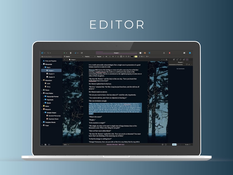 May include: A dark-themed laptop screen displaying a writing editor with a sidebar containing a list of chapters and a document with text. The text is about a single man in possession of a great fortune. The background is a dark blue gradient.