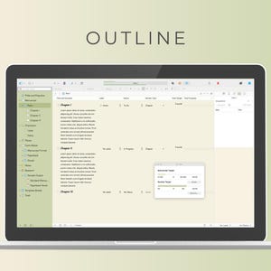 May include: A screenshot of a computer screen showing an outline for a document. The outline is organized into chapters and sections. The screen also shows a window with the title "Word Count Target" and a slider to adjust the target word count.