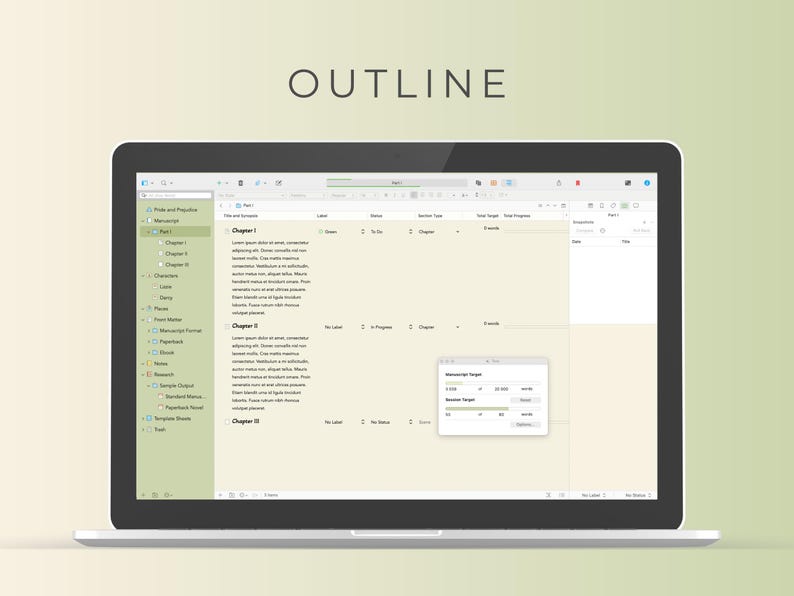 May include: A screenshot of a computer screen showing an outline for a document. The outline is organized into chapters and sections. The screen also shows a window with the title "Word Count Target" and a slider to adjust the target word count.