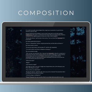 May include: A laptop screen displaying a dark blue background with white text. The text is an excerpt from the novel Pride and Prejudice by Jane Austen. The text reads: "It is a truth universally acknowledged, that a single man in possession of a good fortune, must be in want of a wife."