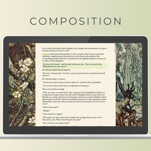 May include: A laptop computer screen displaying a passage from the novel Pride and Prejudice by Jane Austen. The text is about a single man of large fortune who is moving to the neighborhood. The screen is surrounded by a green background.