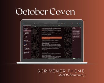May include: A dark grey laptop computer with a black screen displaying a web page with the text "October Coven" and a spiderweb pattern. The text "Scrivener Theme" and "macOS Scrivener 3" are displayed below the laptop.