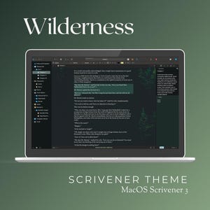 Könnte beinhalten: Ein Laptop-Computer, der ein dunkelgrünes Scrivener-Theme mit dem Text "Wilderness" in Weiß oben auf dem Bildschirm anzeigt. Der Laptop befindet sich auf einem grünen Hintergrund. Der Text auf dem Bildschirm ist ein Beispiel für einen Roman.