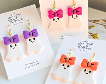 Halloween Earrings, Fall Jewelry: Girly Ghosts with Bows, Sparkly Ghost Earrings, Gold Statement Earrings, Pink Jewelry, Gift for Her