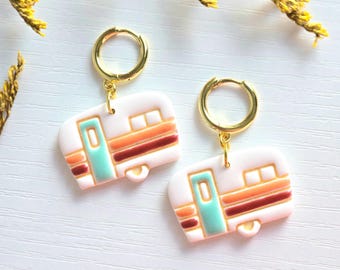 Fall Jewelry, Retro Camper Earring, Gold Huggie Earrings, Polymer Clay Earrings: Gold Hoop Earrings, Gold Statement Earrings, Vintage Style