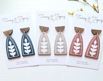 Polymer Clay Earrings: The Frida - Wood Post,  Floral Design, Fall Jewelry Ideas, Gift for Her, Fall Neutral Colors, Stainless Steel Jewelry