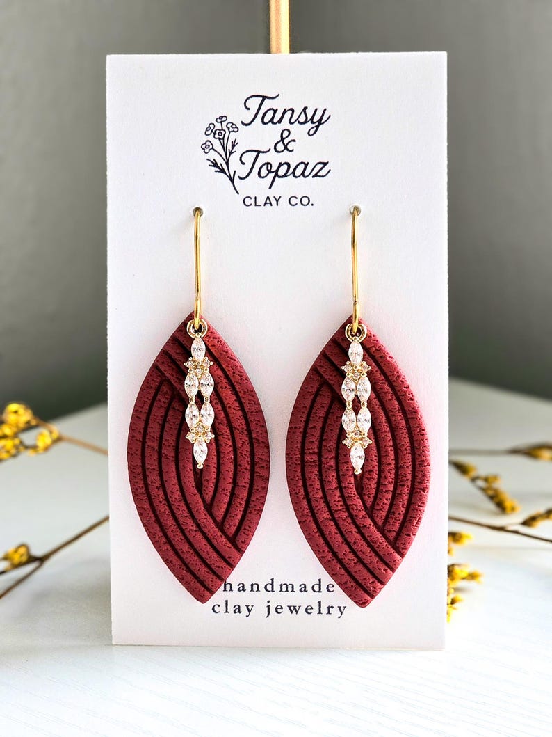 Hilary Handmade Polymer Clay Dangle Earrings with Cubic Zirconia Pendant - Hypoallergenic 18k Gold Jewelry Gift for Women Cherry Smoke