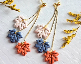 Fall Earrings, Fall Jewelry, Polymer Clay Leaf Dangle, Gold Statement Earrings, Fall Dangle Earrings, Colorful Maple Leaves, Gift for Her