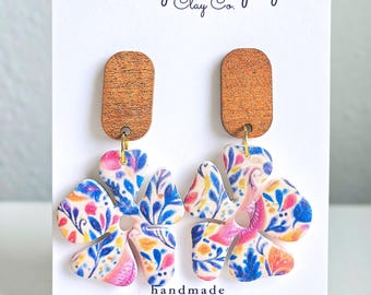 Polymer Clay Earrings: The Ophelia - Handmade Floral Dangle Earrings, Wood Post. Stainless Steel Jewelry, Fall Jewelry, Gifts for Her