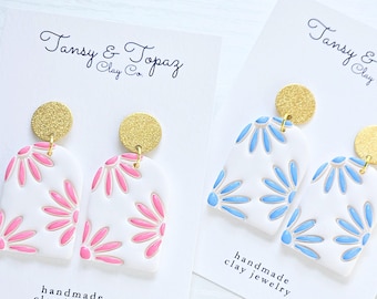 Polymer Clay Earrings: The Aimee - Daisy Flower Earrings, Arch Dangle Earrings, Floral Jewelry, Blue and Pink. Gift for Her, Painted Flower