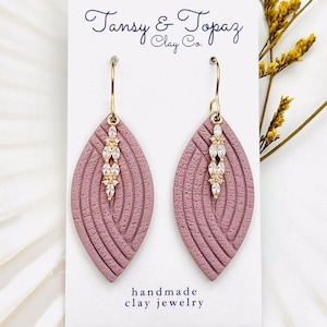 Hilary Handmade Polymer Clay Dangle Earrings with Cubic Zirconia Pendant - Hypoallergenic 18k Gold Jewelry Gift for Women Mauve