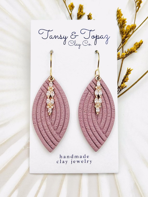 Hilary Handmade Polymer Clay Dangle Earrings with Cubic Zirconia Pendant - Hypoallergenic 18k Gold Jewelry Gift for Women