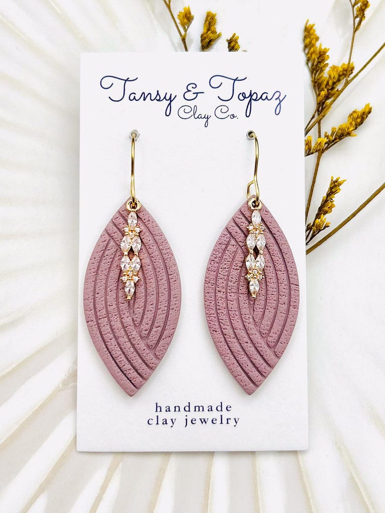Hilary Handmade Polymer Clay Dangle Earrings with Cubic Zirconia Pendant - Hypoallergenic 18k Gold Jewelry Gift for Women Mauve