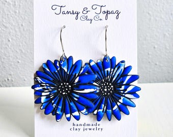 Polymer Clay Earrings: The Paloma - Oversized Flower Earrings, Chrysanthemum Earrings, Daisy Jewelry, Dangle Earrings, Blue and White, Gift