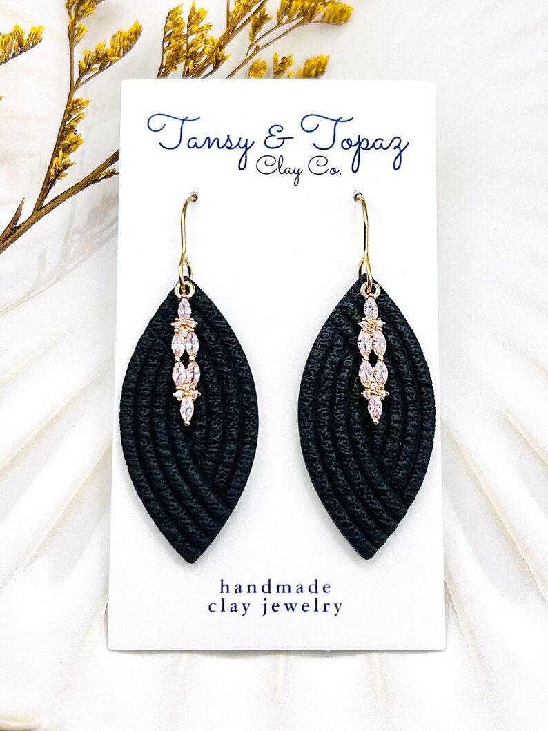 Hilary Handmade Polymer Clay Dangle Earrings with Cubic Zirconia Pendant - Hypoallergenic 18k Gold Jewelry Gift for Women Black