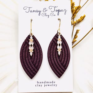 Hilary Handmade Polymer Clay Dangle Earrings with Cubic Zirconia Pendant - Hypoallergenic 18k Gold Jewelry Gift for Women Wine