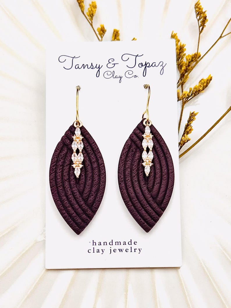 Hilary Handmade Polymer Clay Dangle Earrings with Cubic Zirconia Pendant - Hypoallergenic 18k Gold Jewelry Gift for Women Wine