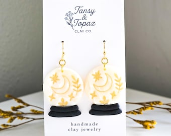 Halloween Earrings, Fall Jewelry, Crystal Ball Earrings, Moon Jewelry, Gold Statement Jewelry, Star Earrings, Polymer Clay Earrings Handmade
