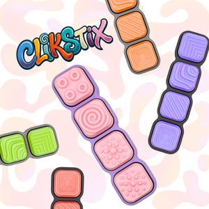 May include: Clikstix sensory toys with textured squares in pink, orange, green, and purple. The Clikstix logo is in a multi-coloured font. The toys are arranged on a white background with abstract shapes. The toys are designed for sensory play.