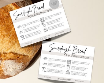Sourdough Bread Care Card, Home Baked Sourdough Care Card, Printable, Bread Care Instructions, Cottage Food Bakery, Editable Download File