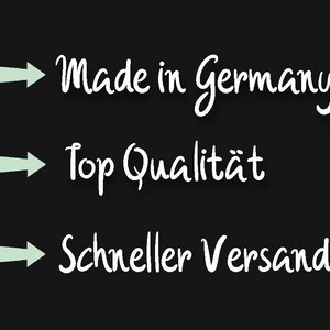 K&ouml;nnte beinhalten: Wei&szlig;er Text auf schwarzem Hintergrund mit drei Pfeilen, die nach rechts zeigen. Der Text lautet "Made in Germany", "Top Qualit&auml;t" und "Schneller Versand".