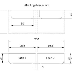 K&ouml;nnte beinhalten: Ein Diagramm, das die Abmessungen eines zweigeteilten Aufbewahrungselements zeigt. Das Element ist 200 mm breit, 30 mm hoch und 82 mm tief. Jedes Fach ist 95,5 mm breit und 34 mm tief. Die F&auml;cher sind durch eine 5 mm Trennwand getrennt.