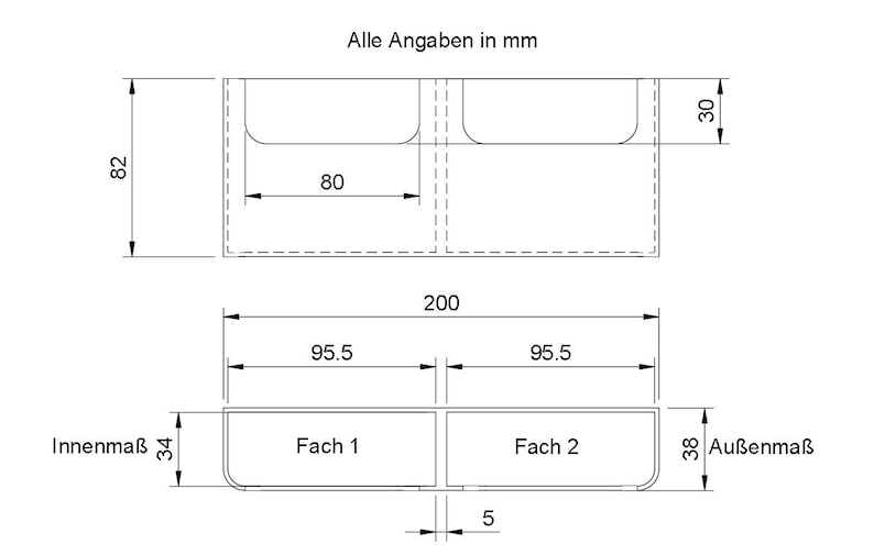 K&ouml;nnte beinhalten: Ein Diagramm, das die Abmessungen eines zweigeteilten Aufbewahrungselements zeigt. Das Element ist 200 mm breit, 30 mm hoch und 82 mm tief. Jedes Fach ist 95,5 mm breit und 34 mm tief. Die F&auml;cher sind durch eine 5 mm Trennwand getrennt.