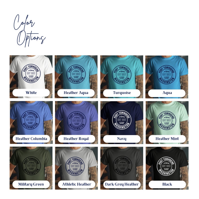 Color options: white, heather aqua, turquoise, aqua, heather columbia blue, heather royal, navy, heather mint, military green, athletic heather,dark grey heather, black