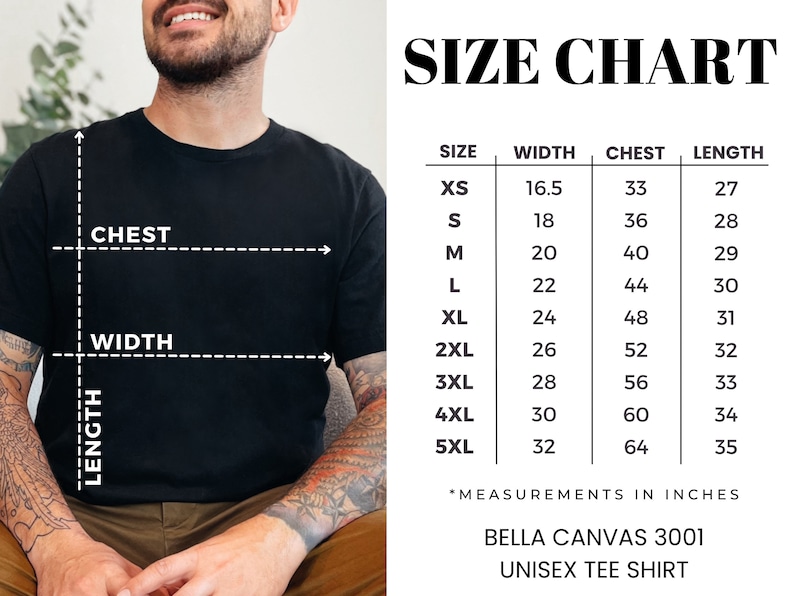 bella canvas 3001 unisex tee shirt size chart XS, S, M, L, XL
