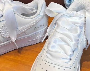 Wedding Pearl Sneakers - Personalized Wedding Sneakers for Bridal - Prom Sneakers - Pearl Silk Bridal Shoes - Unique Anniversary Gift