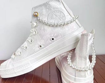 Custom Wedding Bridal Converse High Top for -Prom Sneakers - Pearl Silk Bridal Shoes /Custom High Top Bling Converse,Gifts for bridesmaids