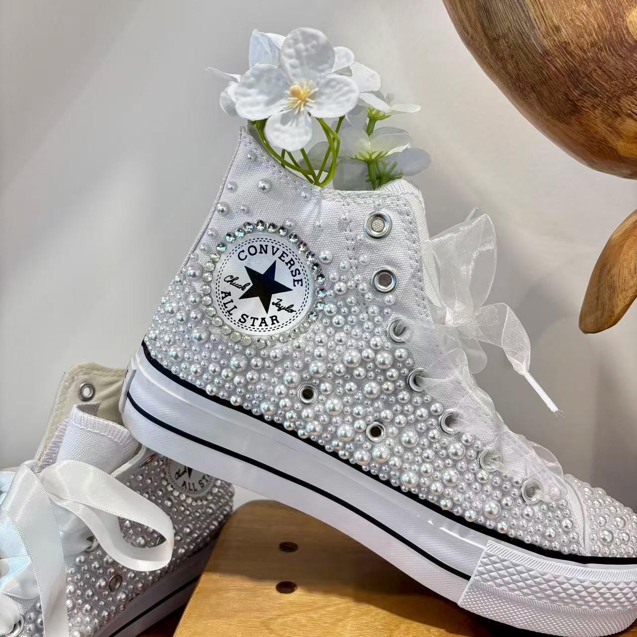 Custom Wedding Silver Rhinestones Pearl Converse High Top for -prom ...