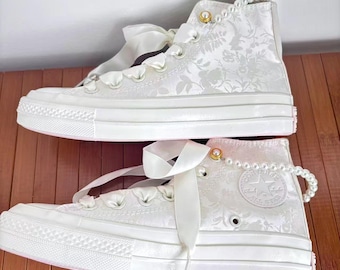Custom Wedding Bridal Converse High Top for -Prom Sneakers - Pearl Silk Bridal Shoes /Custom High Top Bling Converse,Gifts for bridesmaids