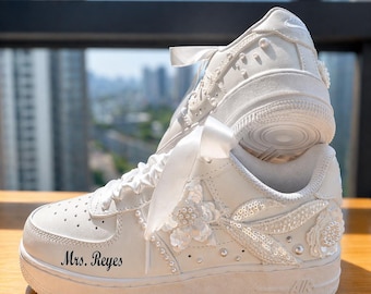 Custom Embroidered Bridal Sneakers Air Force 1 -Personalized Wedding Sneakers for Bridal- Luxury Wedding Sneakers-Wedding Pearl Sneakers