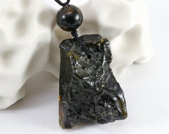 Burmite Raw Stone Pendant Necklace (pre-owned stone, new black string)