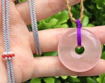 2.8cm Rose Quartz Donut Pendant Necklace (purple string)