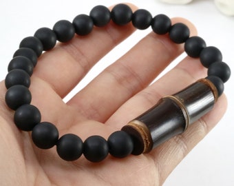 Bian Stone Beaded Bracelet With Bamboo Bead Highlight (8mm bian beads, 19cm)