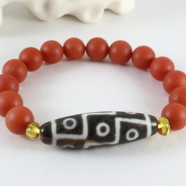Vintage 9-Eye Dzi With New Red Nanhong Agate Beads Bracelet (15cm or purchase beads for custom size)