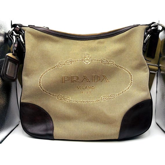 Prada Logo Jacquard Canvas and Leather Shoulder Bag - No Flaws 