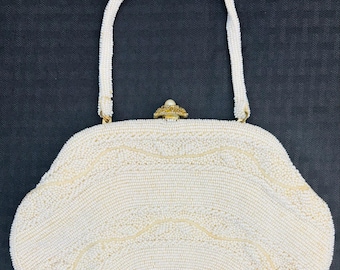 Beaded Clutch Handbag with Wrist Strap, White Seed Bead Pattern, Vintage 1950's
