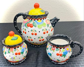 Mary Englebreit Oh So Breit Teapot Creamer Sugar Set, Cherries Flowers