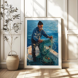 Vintage Fisherman Painting: Nautical Coastal Art Print (Digital Download)