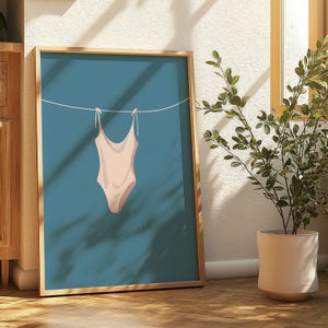 Euro Summer Swimsuit Wall Art – Coastal Clothesline Poster, Minimalist Beach Print, Bikini Aesthetic Digital Download, Coastal Cowgirl Decor