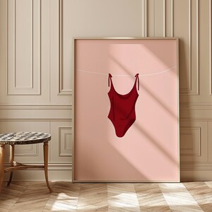Euro Summer Swimsuit Wall Art – Coastal Clothesline Poster, Minimalist Beach Print, Bikini Aesthetic Digital Download, Coastal Cowgirl Decor