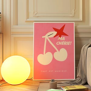 Ma Chérie Cherry Poster – French Aesthetic Digital Print | Pink Minimalist Wall Art | Cute Retro Y2K Fruit Decor | &quot;Tout est Magique&quot; Quote