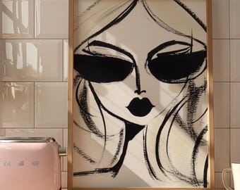 Minimalist Fashion Illustration Print – Black & White Modern Wall Art – Chic Woman with Sunglasses – Stylish Line Art – Vogue Inspired Decor