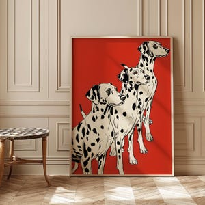 Może przedstawiać: Trzy dalmatyńczyki są przedstawione w linii, zwrócone twarzą do przodu, na czerwonym tle. Psy są narysowane w czerni i bieli, z wyraźnie widocznymi plamami. Obraz jest prostą, graficzną ilustracją psów.