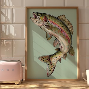 Art mural truite arc-en-ciel – illustration vintage de poisson | Décoration de base de pêcheur, esthétique de cabine, cadeau de pêche à la mouche, Lake House à télécharger