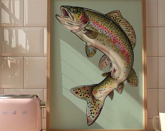 Vintage Rainbow Trout Illustration: Fisherman Cabin Decor (Digital Download)