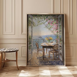 Arte mural imprimible con vista al balcón de la Riviera Francesa: decoración de comedor con costa mediterránea, descarga digital, póster para ventana con océano, estilo cottagecore